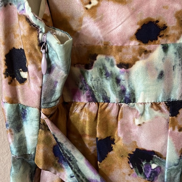 Theory Pastel Watercolor Floral 100% Silk Ruffle Tie Waist Dress 4 - Picture 8 of 14